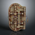 Vintage Metal Safe Door with Rusted Rivets Combination Lock Wheel and Number 23 Design Details