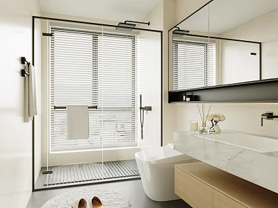 Modern Bathroom Interior With Glass Shower Blinds Marble Countertop Large Mirror Toilet And Wooden Cabinet 3d model