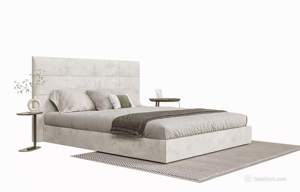 Modern Double Bed With Upholstered Headboard Pillows Throw Blanket And Bedside Tables 3d model