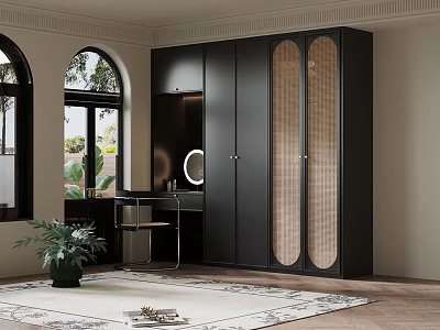 Modern Room Interior With Black Wardrobe Rattan Panels Arched Windows Desk And Mirror 3d model