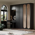 Modern Room Interior With Black Wardrobe Rattan Panels Arched Windows Desk And Mirror
