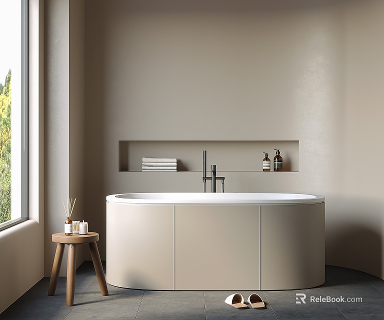 Minimalist Modern Bathtub In Neutral Bathroom With Stool And Window 3d model 