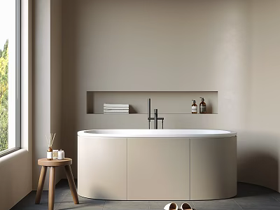 Minimalist Modern Bathtub In Neutral Bathroom With Stool And Window 3d model