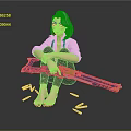 Purple Haired Female Character Sitting Barefoot Holding Large Gun With Scattered Bullets