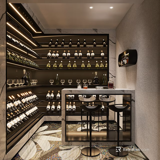 Modern Wine Cellar Interior With Shelves Bottles Glasses Marble Bar Stools 3d model 