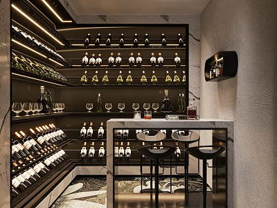 Modern Wine Cellar Interior With Shelves Bottles Glasses Marble Bar Stools 3d model