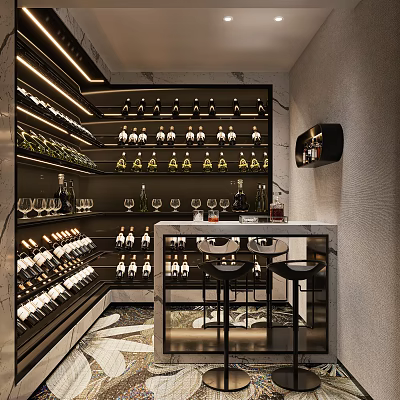 Modern Wine Cellar Interior With Shelves Bottles Glasses Marble Bar Stools 3d model