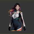 Colorful Haired Female Racer In White Blue Racing Suit With Yellow Red Accents