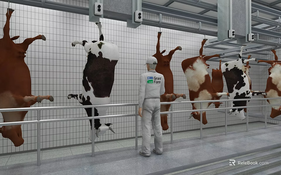 Worker Monitoring Hanging Cows In Modern Sanitary Meat Processing Facility 3d model 
