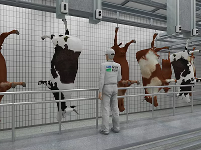 Worker Monitoring Hanging Cows In Modern Sanitary Meat Processing Facility 3d model