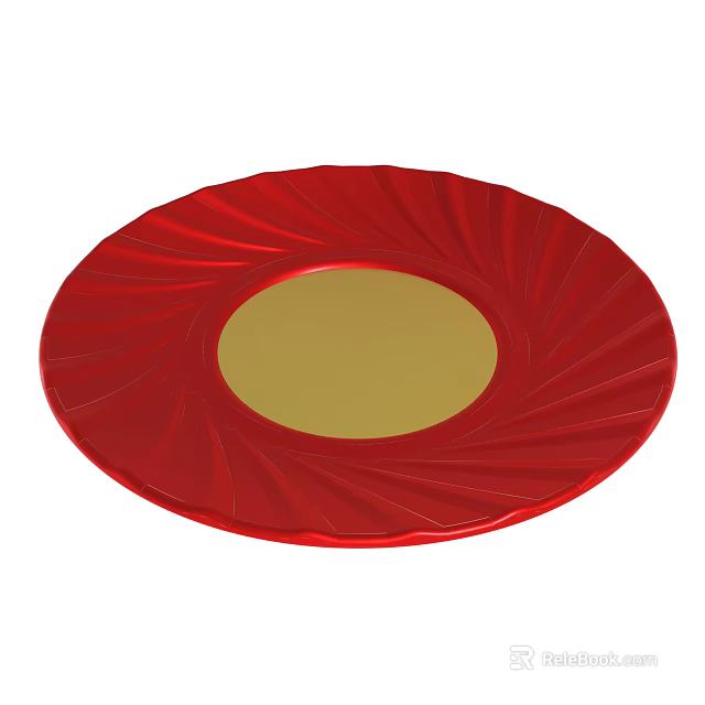 Stylish Red Decorative Plate With Golden Center And Radiant Edge Patterns 3d model 