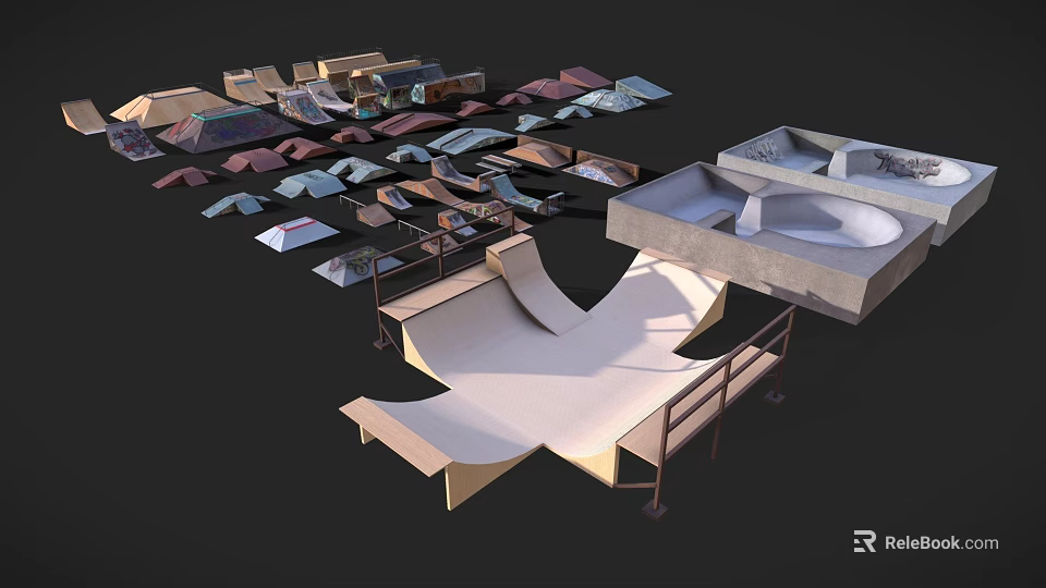 Colorful Skatepark Models Featuring Various Ramp Shapes And Platform Designs 3d model 