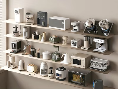 Various Kitchen Appliances Including Coffee Makers Microwaves and Toasters Arranged on Shelves 3d model
