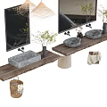 Natural Modern Washbasin Vanity Design With Wooden Countertop Stone Washbasins Hanging Lights And Potted Plants