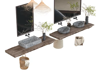 Natural Modern Washbasin Vanity Design With Wooden Countertop Stone Washbasins Hanging Lights And Potted Plants 3d model