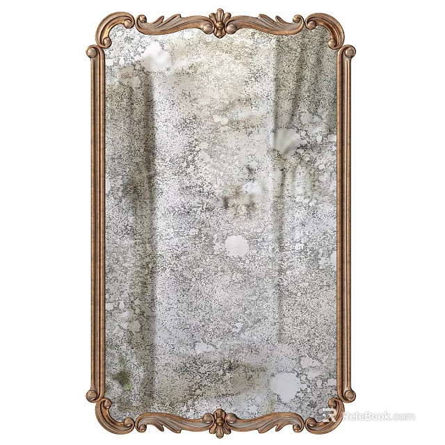 Vintage Wooden Framed Wall Mirror With Ornate Carvings And Distressed Decorative Details 3d model 