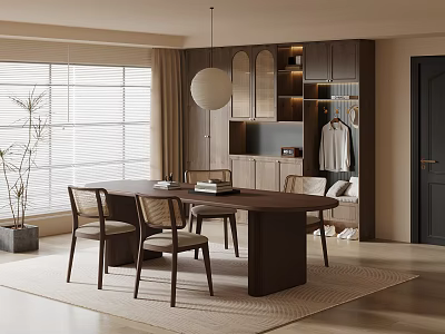 Modern Minimalist Interior With Dining Table Chairs Pendant Light Window Curtains And Plant 3d model