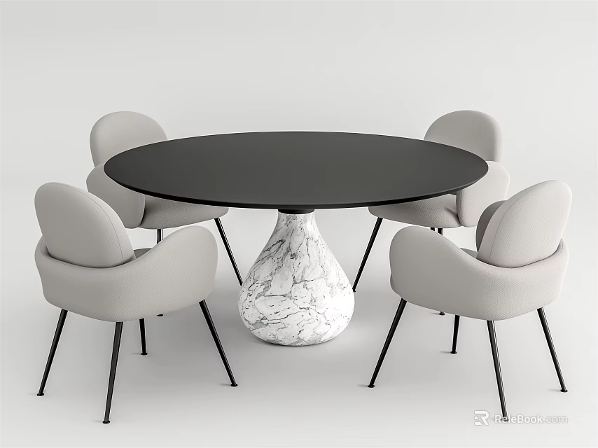Modern Round Black Dining Table Set With White Marble Base And Four Gray Chairs 3d model 