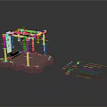 3D Rendered Mechanical Setup With Pink Platform Suspended Components And Technical Diagram