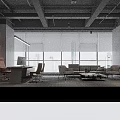 Modern Office Interior With Open Space High Ceiling Concrete Columns Large Windows Blinds And Furniture