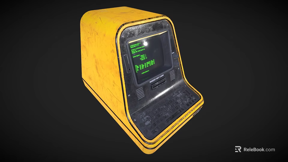 Vintage Yellow Computer Terminal With Green Screen And Worn Design 3d model 