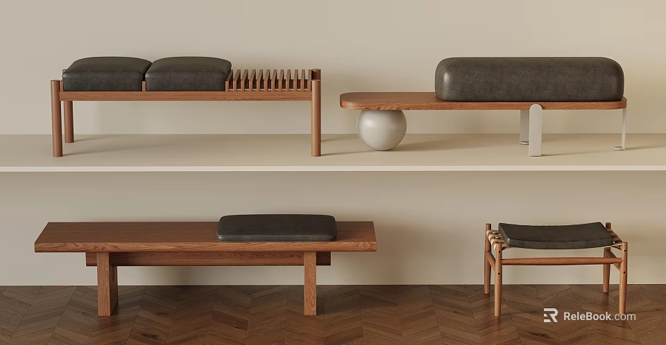 Modern Wooden Benches With Upholstered Seats And Spherical Decor On Shelf 3d model 