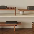 Modern Wooden Benches With Upholstered Seats And Spherical Decor On Shelf