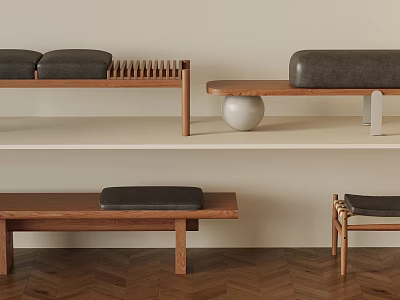 Modern Wooden Benches With Upholstered Seats And Spherical Decor On Shelf 3d model