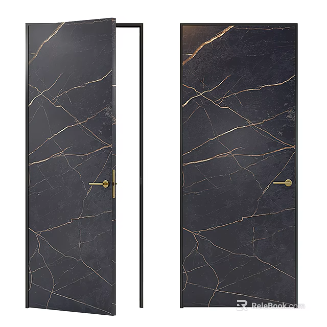 Modern Black Swing Door Featuring Marble Texture And Polished Brass Handles 3d model 