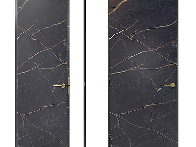 Modern Black Swing Door Featuring Marble Texture And Polished Brass Handles 3d model