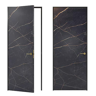 Modern Black Swing Door Featuring Marble Texture And Polished Brass Handles 3d model