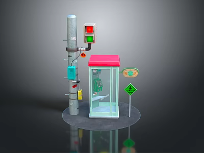 Metal Pole With Traffic Light Red Roof Booth Transparent Structure And Sign 3d model