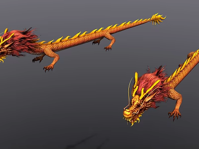 Yellow And Red Dragon Game Movie Character With Long Body Red Mane Sharp Claws 3d model