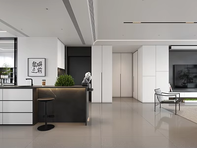 Modern Living And Dining Space Design With Open Layout White Cabinetry And Grey Flooring 3d model