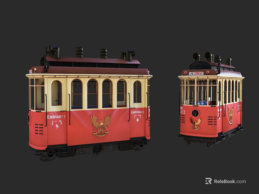 Two Vintage Red Trams With Ornate Emblems And Classic Look 3d model 