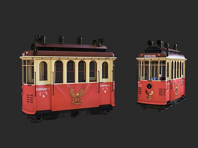 Two Vintage Red Trams With Ornate Emblems And Classic Look 3d model
