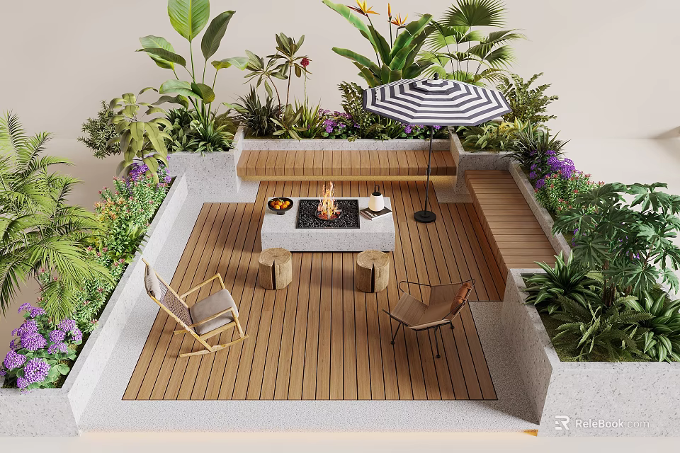 Outdoor Garden Landscape Seating with Fire Pit Wooden Deck Umbrella and Green Plants 3d model 