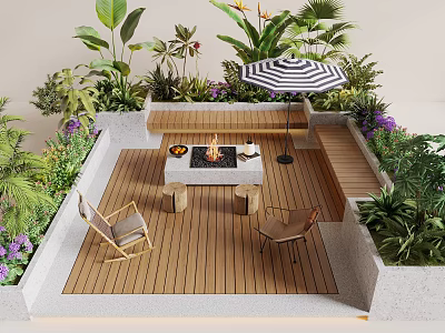 Outdoor Garden Landscape Seating with Fire Pit Wooden Deck Umbrella and Green Plants 3d model