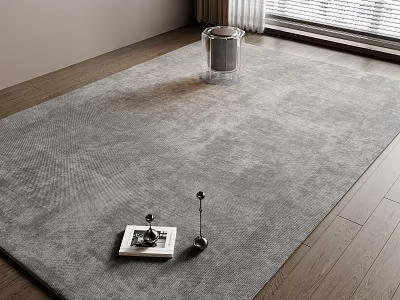 Square Gray Rug on Wooden Floor with Transparent Bin and Decorative Items 3d model