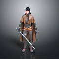 Game and Movie Character Wearing Brown Cloak Holding Silver Sword With Dark Hair 3d model