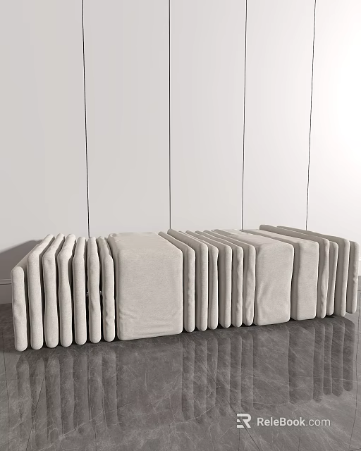 Light Gray Upholstered Sofa Benches Arranged In Row Against White Walls And Gray Floor 3d model 