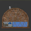 Arched Wooden Structure Design With Stone Base Chimney Antenna And Metal Grille