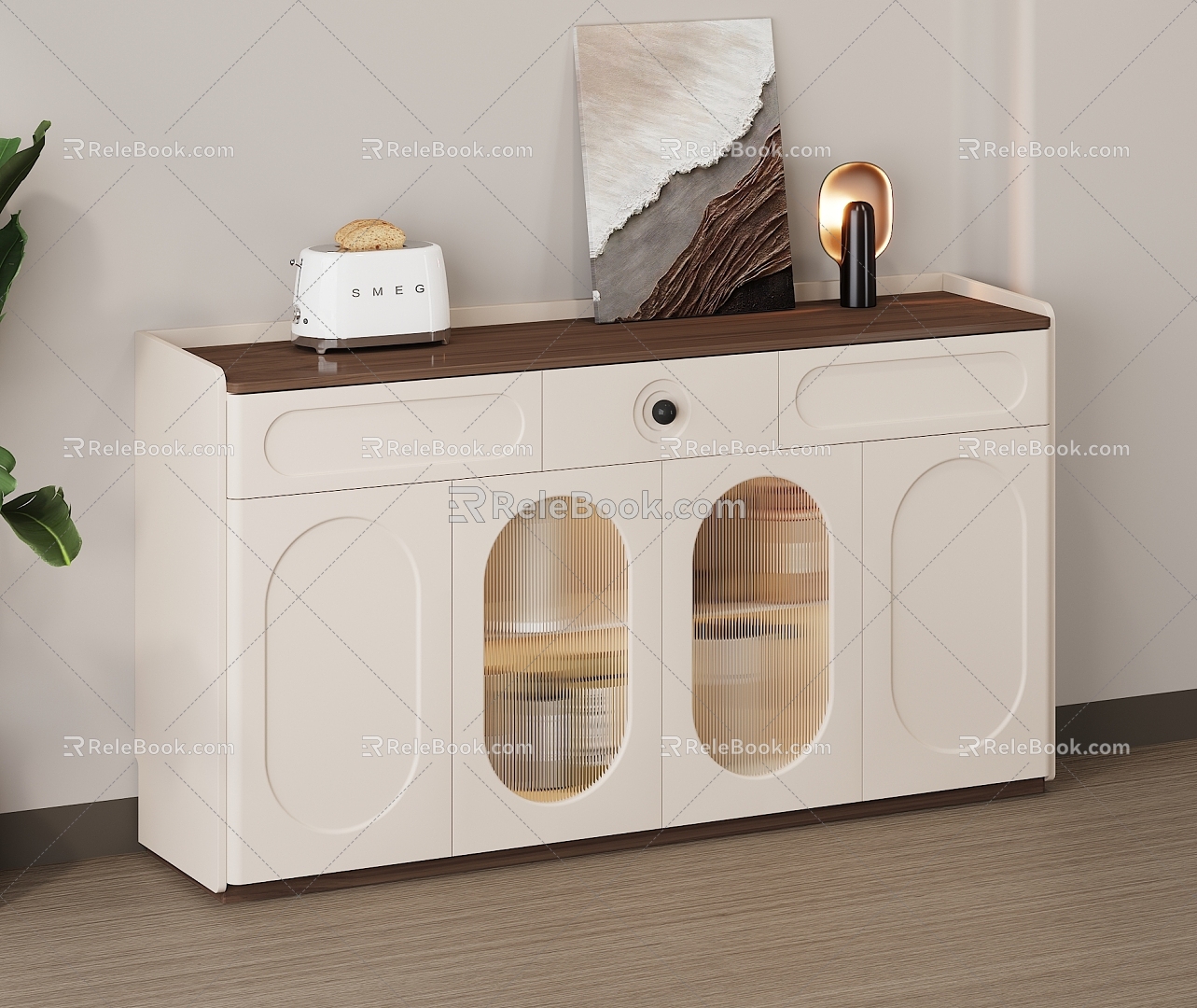 Cream Style Restaurant Sideboard Storage Cabinet Sundry Cabinet Side Cabinet Cream White Decorative Painting Green Plant Seasoning Bottle Tableware Walnut Wood Floor Bread Machine 3d model