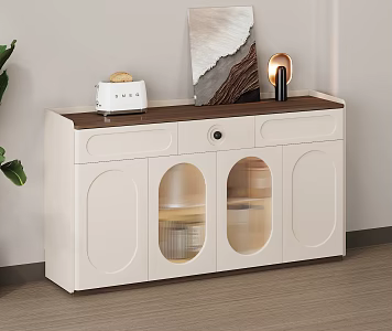 Cream Style Restaurant Sideboard Storage Cabinet Sundry Cabinet Side Cabinet Cream White Decorative Painting Green Plant Seasoning Bottle Tableware Walnut Wood Floor Bread Machine 3d model