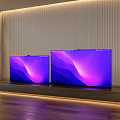 Two Televisions On Long Platform With Vertical Striped Wall And Cactus In Modern Living Room