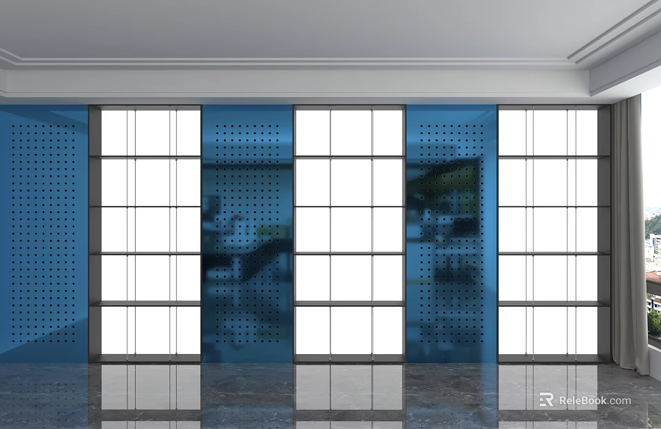 Modern Blue Display Shelves with Glass Panel Compartments for Retail Product Showcase in Contemporary Design 3d model 