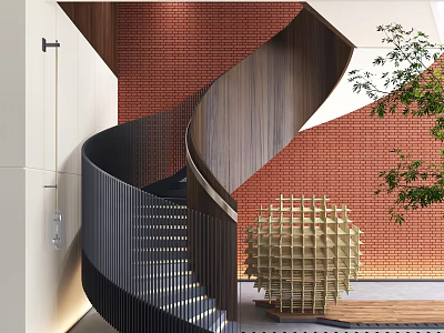 Modern Spiral Staircase With Wooden Handrail And Black Railing Against Red Brick Wall 3d model