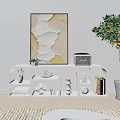 Modern White TV Stand With Multiple Compartments Decorative Items Books And Plants