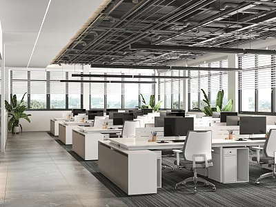 Modern Public Office Space Interior Design With Open Layout Desks Computers And Green Plants 3d model