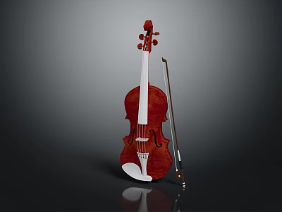 Elegant Red Wooden Violin With Bow On Dark Shiny Background And Reflection 3d model